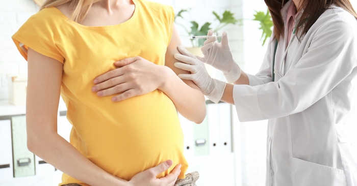 Doctor vaccinating pregnant woman in clinic; blog: Preventing Infections During Pregnancy