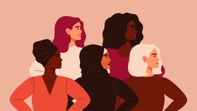 Five women of different nationalities and cultures standing together. Friendship poster, the union of feminists or sisterhood. The concept of gender equality and of the female empowerment movement; blog: Ways to Celebrate International Women's Day