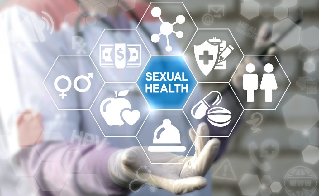 SEXUAL HEALTH - Healthcare Concept. Doctor offers icon sex health; gynecology services: Sexual Health